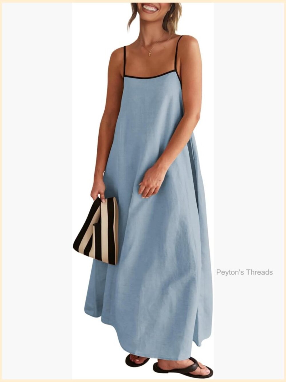 Light Blue Linen Maxi Dress with Black Trim